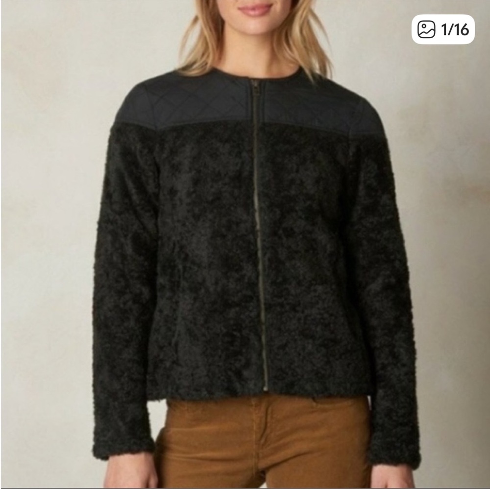 Prana Good Lux Shearling Jacket Black women’s S faux fur coat cozy casual zip up
